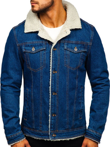 Men's Denim <b>Jacket</b> with Cotton Lining Stand Collar Washed Regular Fit Single Breasted Casual Winter Waterproof Patchwork Style - Product Image 1