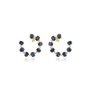 New Style 4.07 Ct. Blue Sapphire & Diamond Handmade Open Hoop Push <b>Back</b> <b>Earrings</b> For Women 14K Real Yellow Gold Trending Jewelry - Product Image 1