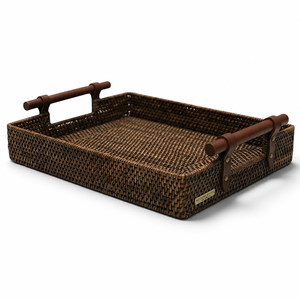 Bandeja de Servir de Bambú Tejida a Mano de Primera Calidad con Asas, Cesta de Servir Decorativa Rectangular Estilo Ratán para Cocina y Hogar - Product Image 1
