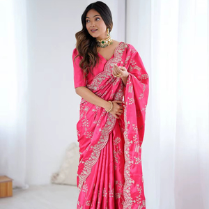 Sari de mariée de style sud-indien, très magnifique, produit phare, en soie, avec pallu richement orné de minakari et blouse tissée. - Product Image 1