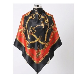 NORTH APPROACH Women's <b>Square</b> <b>Silk</b> <b>Scarf</b> Black Red Gold Horsebit Print Luxury Fashion Accessory All Seasons - Product Image 1