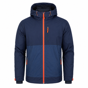 Veste matelassée à capuche pour homme, bleu marine uni avec fermeture éclair orange, imperméable, style sportif d'hiver, coupe régulière, coque en polyester - Product Image 2