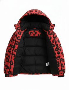 Veste matelassée à capuche pour homme, imprimé léopard rouge et noir, manteau d'hiver style streetwear, vêtement d'extérieur tendance - Product Image 5