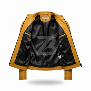 Chaqueta de cuero genuino para hombre Zarina Wear, color amarillo mostaza, estilo motero, con cuello alto y cremallera, OEM. - Product Image 5