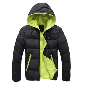 Men's Blue Hooded Puffer Jacket Orange Lining <b>Waterproof</b> Zipper Closure Windproof Casual Winter Wear Canvas Polyester Filling - Product Image 2