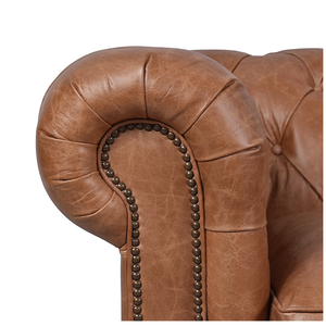 Canapé Chesterfield deux places en cuir véritable de style vintage avec accoudoirs roulés et design matelassé, base en bois massif, canapé élégant - Product Image 4