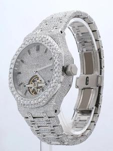 Montre mécanique automatique de luxe entièrement sertie de moissanite VVS avec lunette ronde en acier inoxydable et tourbillon à échappement visible - Product Image 2