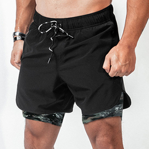 Shorts de course décontractés en toile unie pour hommes, avec doublure de compression, séchage rapide, imperméables, anti-plis, respirants, pour la gym et l'entraînement - Product Image 1