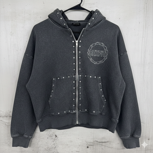 Sweat à capuche oversize streetwear délavé à l'acide avec logo sérigraphié, strass personnalisés, épaules tombantes, effet usé, unisexe, avec fermeture éclair - Product Image 4
