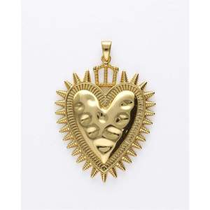 Gold Brass Sacred Heart Sunburst <b>Wall</b> Sculpture Crown Milagro Pendant Plaque Religious Mexican Folk Art Decor - Product Image 1