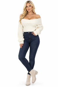Women's <b>off</b> <b>Shoulder</b> <b>Knit</b> Sweater Lantern Sleeve Crop <b>Top</b> Pullover Winter Flowers 12GG Soft - Product Image 2
