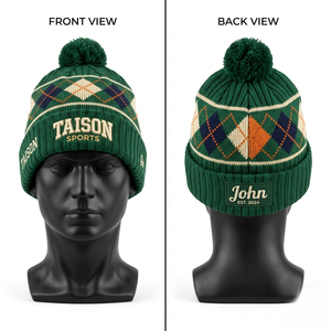 Bonnet de rugby en tricot acrylique premium 300 GSM pour homme, vert marine à rayures, avec revers et logo brodé en chenille - Product Image 2