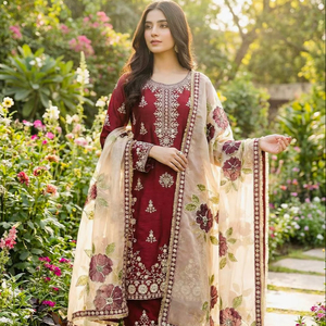 Ensemble palazzo en soie GMY pure avec broderie lourde de sequins et dupatta en organza tabby imprimé numériquement, tenue ethnique entièrement cousue - Product Image 1