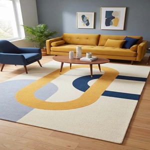 Tapis en laine tufté à la main de luxe, tapis moderne abstrait, tapis douillet, tapis doux pour salon et chambre, bleu, moutarde, crème, décoration nordique - Product Image 4
