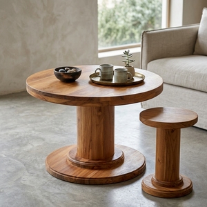 New Modern Minimalist Rhodes <b>Round</b> Coffee <b>Table</b> Natural Solid Teak Wood Pedestal Base Center Tea Accent <b>Table</b> Living Room Patio - Product Image 2