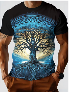 T-shirt noir à manches courtes pour homme avec motif Arbre de Vie bleu, col rond, coupe classique, imprimé, style décontracté, tendance - Product Image 2
