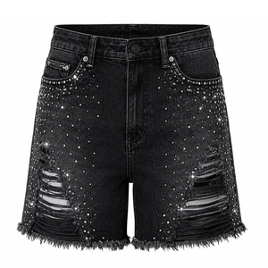 Professional Manufacturer 100% Cotton Rhinestone Distressed <b>Jeans</b> <b>Shorts</b> <b>High</b> <b>Waist</b> Custom Denim <b>Shorts</b> For Sale - Product Image 1
