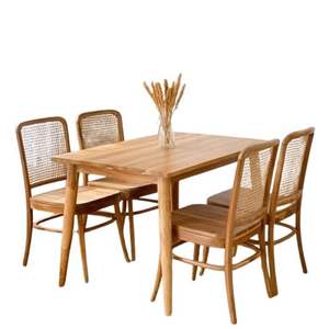 Ensemble de salle à manger en teck avec chaises en rotin tressé à la main - Product Image 1