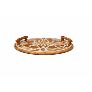 Bela Artisan - Bandeja Redonda de Madera de Acacia con Asas con Incrustaciones Geométricas Blancas, Plato para Servir Comida Hecho a Mano para Ramadán y Bodas - Product Image 1