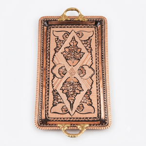 Plateau rectangulaire en cuivre gravé avec poignées en laiton, motif floral traditionnel, plateau de service décoratif pour hôtel et décoration intérieure - Product Image 1