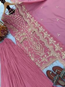 Pink Embroidered Faux Georgette Salwar Kameez Suit Net Dupatta Pleated Pants Formal Indian Wedding Graduation Diwali Party - Product Image 5