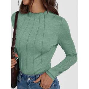 2025 <b>Women's</b> Casual Office Wear Slim Fit Linen & Silk <b>Blouses</b> with Lettuce Trim Mock Neck & Pleated Long Sleeves - Product Image 2