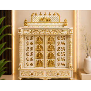 Mandir de madera de teca blanca dorada Ashtalakshmi, gabinete de lujo blanco y dorado tallado a mano, templo hindú para el hogar con puertas para EE. UU. - Product Image 1