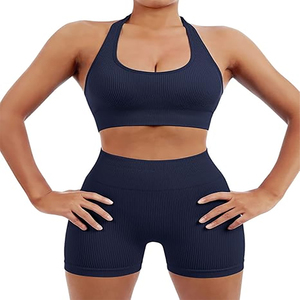 Ensemble de sport côtelé sans couture pour femme, short cycliste taille haute froncé aux fesses et brassière de sport, tenue de yoga et de gym, ensemble 2 pièces - Product Image 6