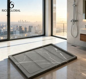 RICO GLOBAL Bac de douche rectangulaire en marbre avec drain linéaire central, installation au sol de la salle de bain, design minimaliste - Product Image 1