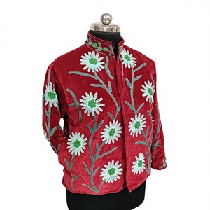 Luxury Red <b>Velvet</b> Women's <b>Jacket</b> with Handmade Floral Embroidery | Boho Style Winter Coat | Premium Kashmiri Aari Work Outerwear - Product Image 6