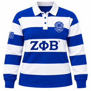 Camiseta de Rugby Zeta Phi Beta para Mujer, Azul Rey con Rayas Blancas Anchas, Manga Larga, Cuello Polo, Letras Griegas Bordadas, Escudo de la Hermandad - Product Image 3
