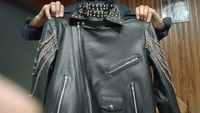 Blouson en cuir clouté style moto punk rock extrême, col montant, patch crâne à pointes, design patchwork, fermeture éclair, été, décontracté chic