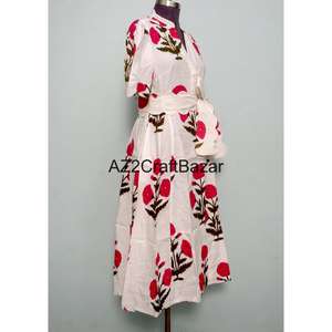 Robe midi en tissu tricoté 100% coton pour femmes, imprimé floral, coupe évasée, col en V, manches courtes, décoration boutonnée, respirante, lavable - Product Image 5