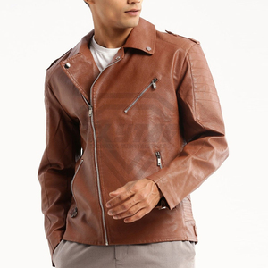 Premium Custom Brown Faux Leather <b>Biker</b> <b>Jacket</b> Men Stylish Slim Fit Moto Coat Wholesale High Quality Synthetic Leather Outwear - Product Image 3