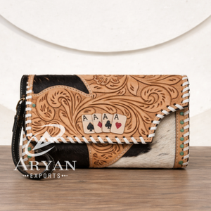 Western Deck Of Cards Tooled Leather Cowhide Women Wallet Card Holder Clutch Purse Aces Handcrafted Hair-On Hide Zipper <b>Wristlet</b> - Product Image 1
