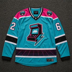 Maillot de hockey sur glace rétro années 80 pour homme, respirant, col en V, style néon synthwave, chemise de joueur de hockey, uniforme d'équipe sublimé et brodé - Product Image 1