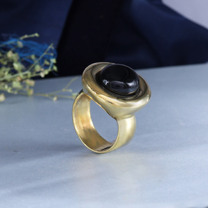 Black Onyx Stud <b>Ring</b> 18K Gold Plated Brass Bezel <b>Set</b> Trendy Minimalist - Product Image 4