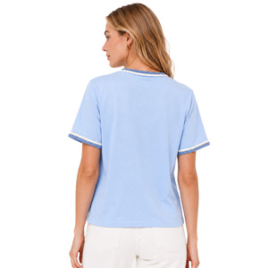 Camiseta Azul Claro con Detalles Trenzados, Logotipo Bordado Personalizado, Camiseta de Mujer, DTG, Manga Corta, Informal, Verano, Tejido de Punto, Ribete en Contraste - Product Image 2