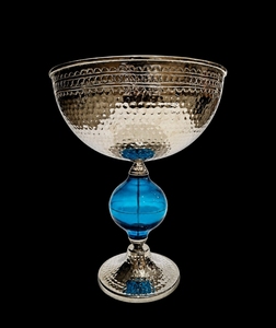 Bol à chocolat rond en argent de qualité supérieure avec un design à accents bleus, accessoires et ustensiles de service à chocolat personnalisables - Product Image 1
