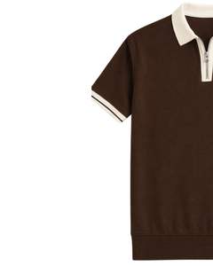Customized <b>Mens</b> Brown Quarter Zip Polo <b>Shirt</b> With <b>White</b> Contrast Collar Short Sleeve <b>Casual</b> Custom Manufacturer Summer Wear - Product Image 2