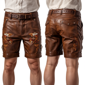 Pantalones Cortos de Cuero Tradicionales Bávaros para Hombre, Estilo Vintage Marrón Bordado, para el Festival de la Cerveza, Estilo Alpino Trachten - Product Image 4