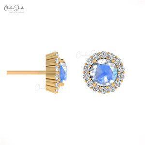 Customized 14k Solid Gold Rainbow Moonstone Halo <b>Earrings</b> 4mm Natural Round Cut Stone with Diamond Push <b>Back</b> Jewelry for Women - Product Image 1