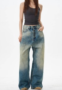 Jeans de mezclilla lavados de cintura media, corte recto, con botones, de alta gama, para mujer, estilo casual, streetwear, hip hop, de verano. - Product Image 3
