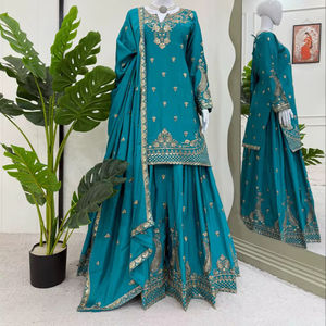 ชุดชาราอินเดียแบบดั้งเดิมสำหรับผู้หญิงผ้าไหมจีนแบบหนาปักลายซารีสำหรับเทศกาลและเจ้าสาวงานแต่งงานและงานเทศกาล - Product Image 1