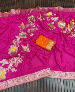 Premium Nylon Viscose Khaddi Crepe Georgette Saree with Floral Weaving & Dori Piping Blouse - Product Image 2