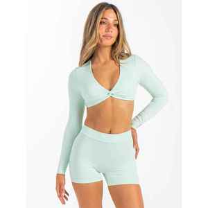 Mint <b>Green</b> Knitted Lightweight Four-Way Stretch Breathable <b>Crop</b> <b>Top</b> Cut Design Short Sleeve Turtleneck Skinny Fit Women's - Product Image 6