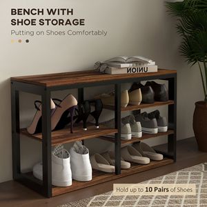 Freestanding 5-<b>Hook</b> Entryway Coat Rack and <b>Shoe</b> Bench Set Brown Hall Tree for 10 Pairs Home Furniture Coat Stand - Product Image 5