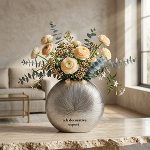 Premium Metallic Silver Circular <b>Vase</b> Radial Ribbed Textured Decorative Urn Luxury Tabletop Accent for Modern Interior Decor - Product Image 3