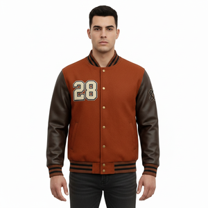 Chaqueta Varsity Marrón para Hombre, Exterior de Lana/Poliéster, Secado Rápido, Estilo Vintage, Corte Ajustado, Número 28 Bordado, Informal, Otoño, Corte Regular - Product Image 1