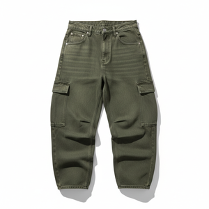 Pantalones Cargo de Lona Verde Oliva de Cintura Alta para Hombre, de Alta Calidad, con Múltiples Bolsillos, Estilo Workwear, Transpirables, de Peso Medio y Corte Recto - Product Image 1